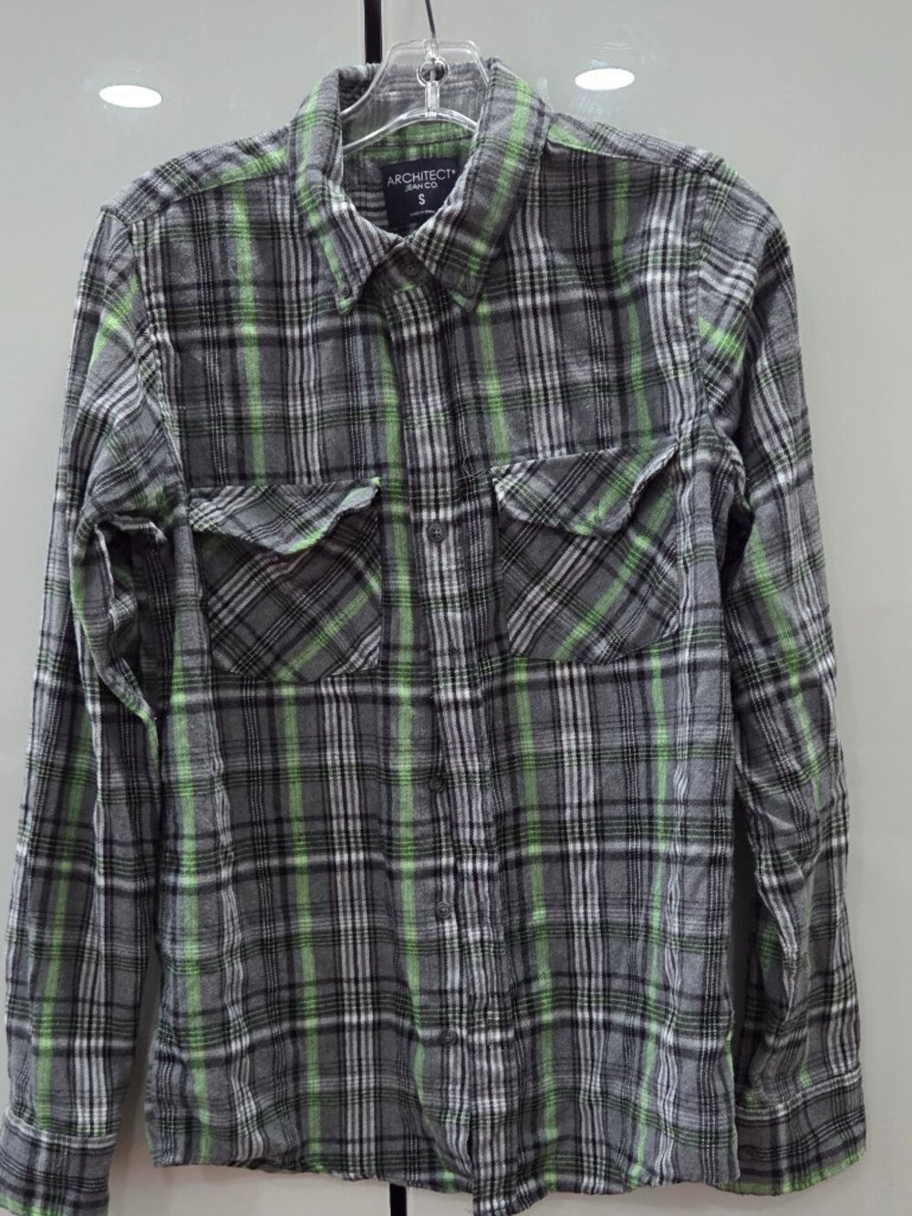 Architect Jean Co. gray and neon-green plaid long-sleeve button-down shirt
